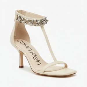 Calvin Klein Nova Chain T-Strap Square-Toe High-Heel Sandals New SZ 6.5 Cream